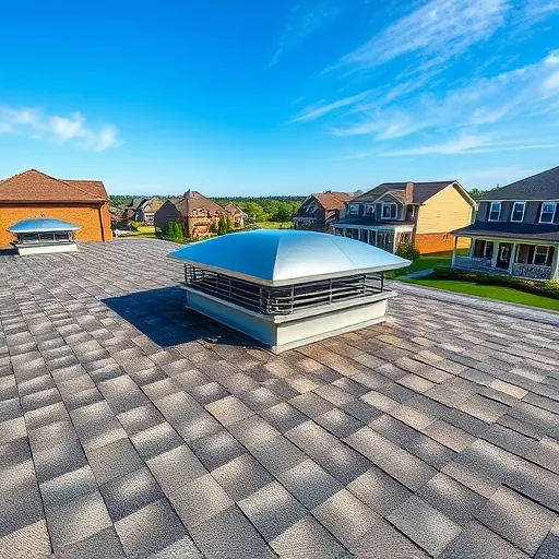 Newly installed modern metal roof vent on a clean shingle roof in a peaceful suburban neighborhood in Trussville Alabama under clear blue sky