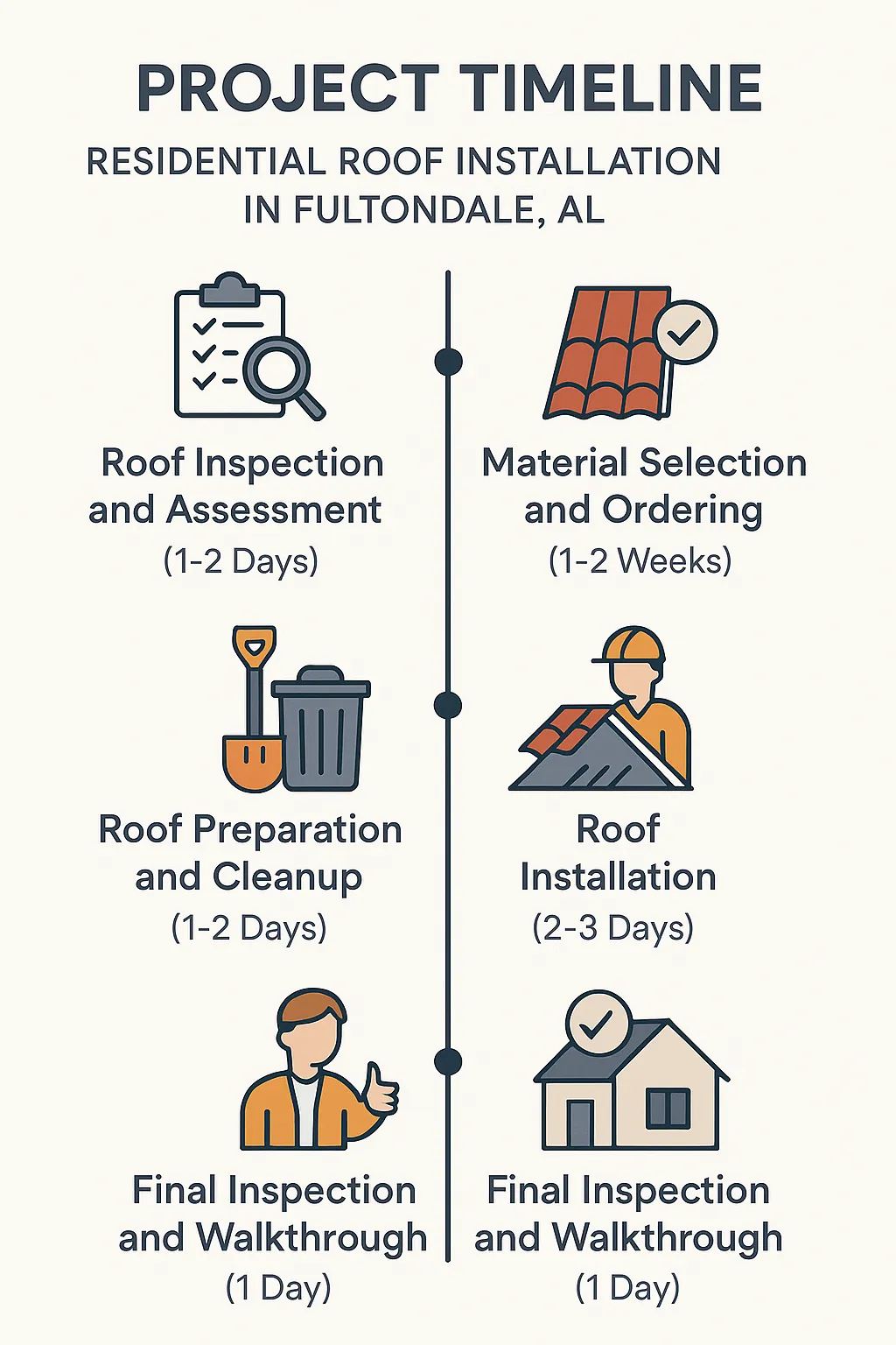 Infographic depicting a five-step project timeline for residential roof installation in Fultondale AL.