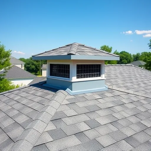 Close-up of a newly installed roof vent on a gray shingle roof in Trussville Alabama with a clear sky and suburban neighborhood.