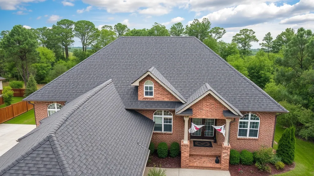 Roofing in Alabaster AL with a contractor inspecting the roof under a clear blue sky.