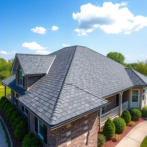Completed shingle roof in Springville AL highlights craftsmanship with dark gray shades, neat gutters, and manicured landscaping.