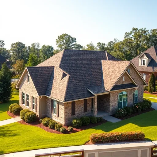 Completed residential roof with asphalt shingles in earthy tones on a modern home in Helena Alabama surrounded by lush lawn and trees