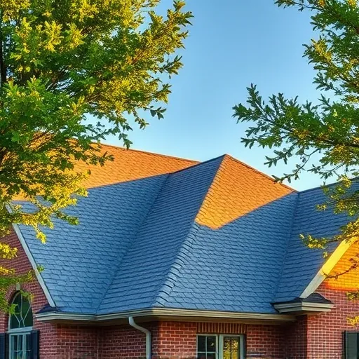 Completed roofing project in Chelsea AL with gray shingles, brick exterior, golden hour light, and lush green trees.