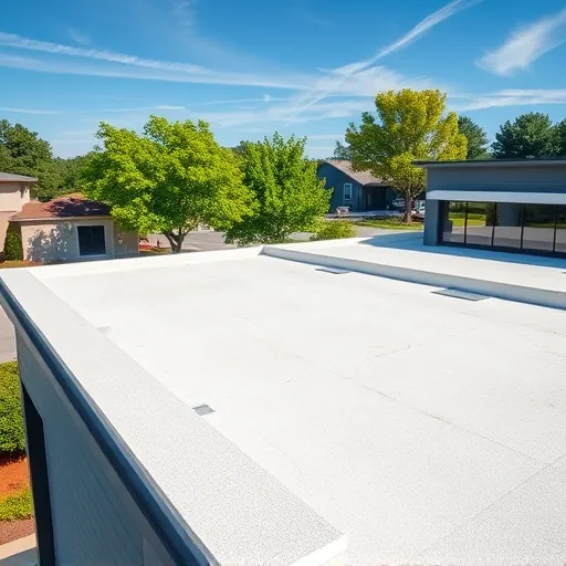 Freshly replaced flat roof in Trussville Alabama with seamless surface, detailed textures, bright surroundings, and lush green background