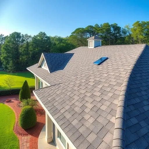 Newly installed modern roof with detailed shingles, in Trussville Alabama, surrounded by a lush yard and clear sky