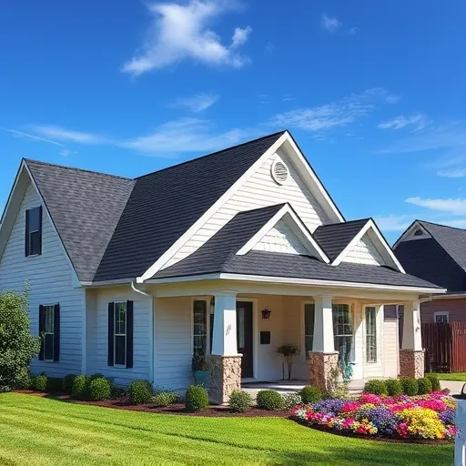 Newly shingled dark asphalt roof on a charming home in Tarrant, AL, with manicured lawn and colorful flowers.