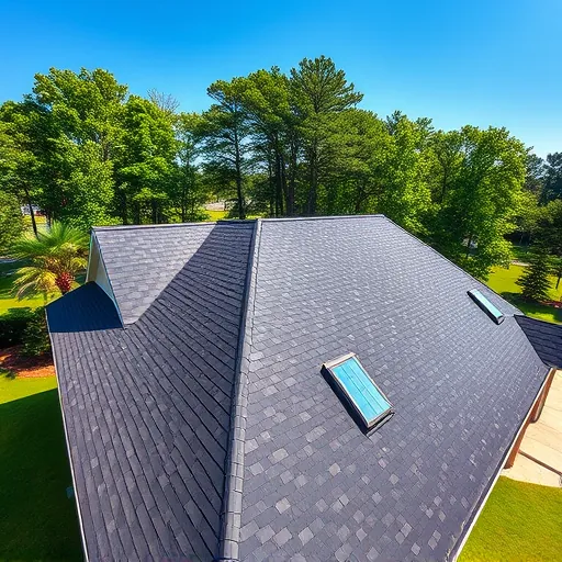 Completed roofing in Liberty Park AL features a black asphalt shingle roof, well-kept lawn, and tall trees against a blue sky.