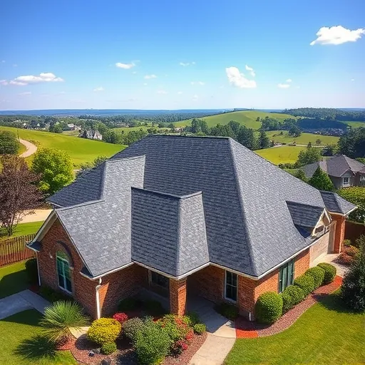 Completed asphalt shingle roof in Hueytown AL, featuring dark grey tones and landscaped surroundings under blue sky.