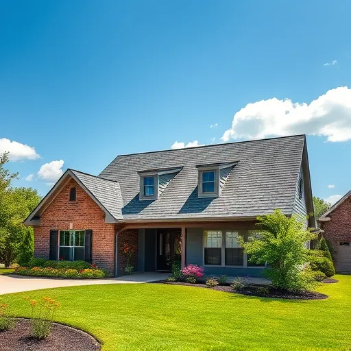Completed roofing project in Inverness AL featuring a modern home with charcoal shingles, vibrant landscaping, and blue sky.