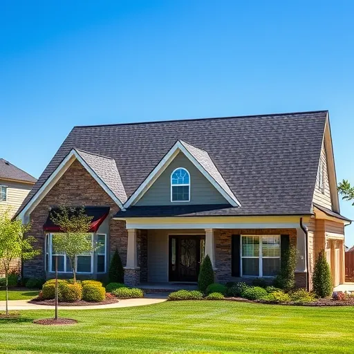 Completed asphalt shingle roof in Helena, AL, gleaming under clear blue sky with manicured lawn and landscaping.