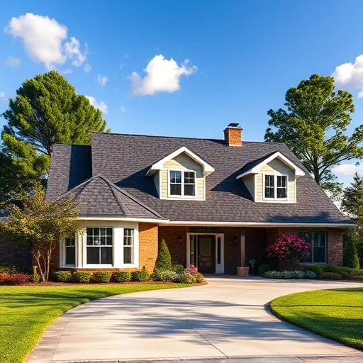 Completed roofing project in Leeds AL features elegant home design, charcoal shingles, and lush surroundings.