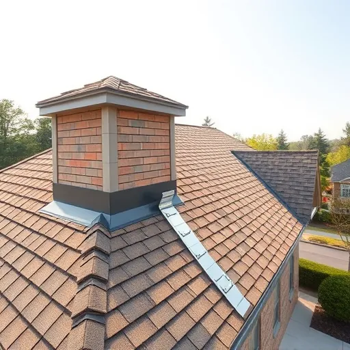Close-up of a well-installed roof flashing around a chimney on a suburban home in Trussville Alabama with neat shingles and shiny metal details