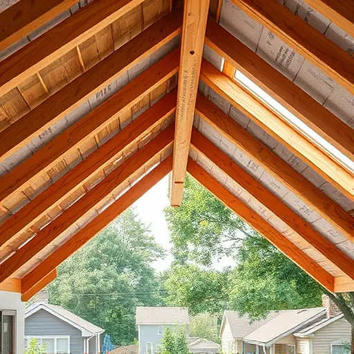 Finished roof insulation installation showing wooden trusses, high-quality spray foam or fiberglass, sunlight, and green suburban background