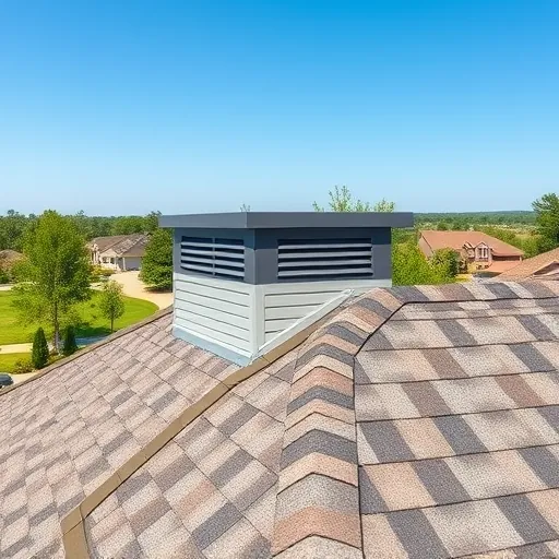 Close-up of a well-installed ridge vent on a gray and brown shingled roof in Trussville Alabama with a suburban neighborhood background