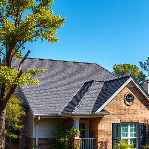 Completed roofing project in Roebuck AL features a dark asphalt shingle roof on a modern home framed by greenery.