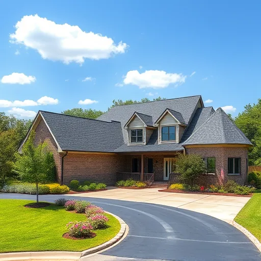 Completed roofing project in McCalla AL with dark grey shingles, vibrant gardens, and a clear blue sky.