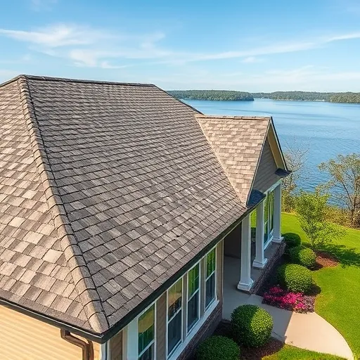 Completed residential roof in Lake Purdy AL with detailed shingles, lush yard, lake view, and natural daylight highlighting craftsmanship
