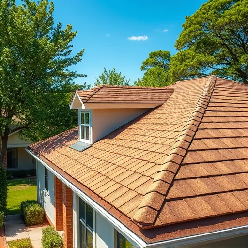 Close-up of a new earth-tone shingle roof on a suburban home in Remlap Alabama with lush greenery and clear sky