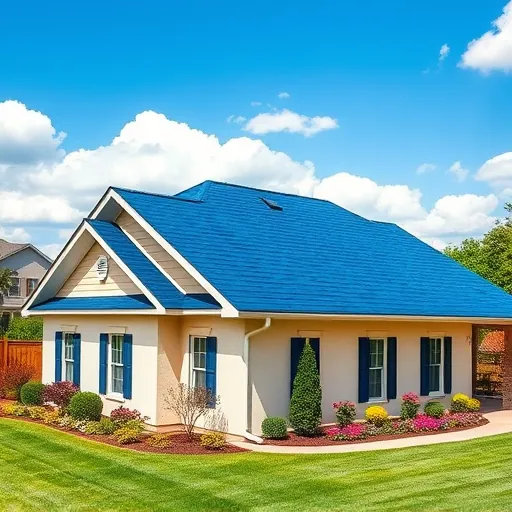 Vibrant blue asphalt shingle roof on a home in Hoover AL with beige walls, green lawn, and colorful flower beds.