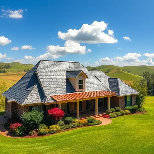 Completed roofing project in Greystone, AL featuring a slate roof, green lawn, flowering shrubs, and rolling hills.