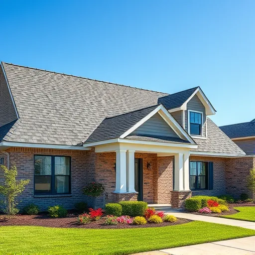 Completed asphalt shingle roof installation on a stylish McCalla AL home with vibrant landscaping under a bright sky