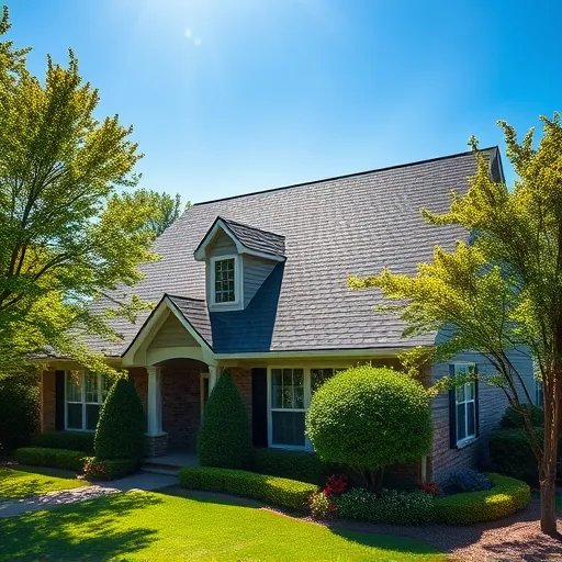 Completed asphalt shingle roof in Pinson AL shines under the sun, surrounded by lush trees and a manicured lawn.