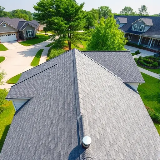 Residential roof with detailed gray asphalt shingles, secure flashing, in a Morris Alabama neighborhood under bright sunlight