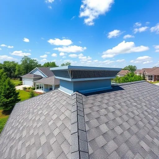 Modern residential roof with ridge vent, clean shingles, ridge cap, sunny sky, lush yard, and neighborhood in Trussville Alabama