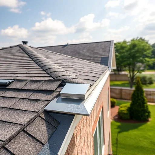 Close-up of a residential roof with expertly installed metal flashing on shingles, showing craftsmanship and durability in daylight.