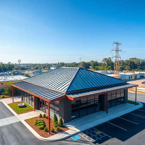 Recently completed commercial roof replacement in Trussville Alabama featuring modern gray and black roofing on a contemporary building with glass windows and landscaped surroundings