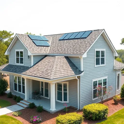Modern home in Trussville AL featuring a completed asphalt and architectural shingle roof, solar panels, vibrant siding, and lush landscaping under clear skies