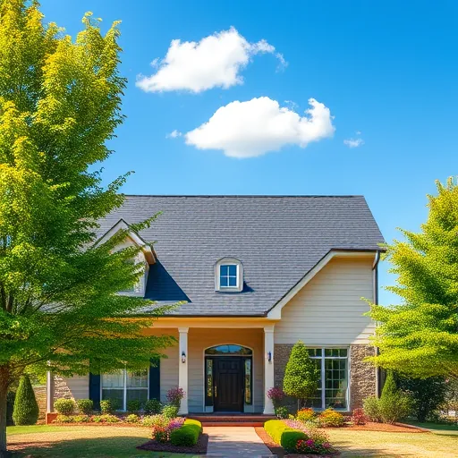 Completed roofing project in Vestavia Hills AL features dark gray shingles, beige siding, and vibrant landscaping.