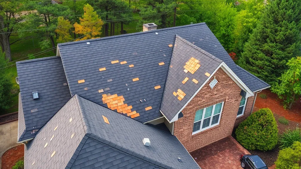 Storm Damage Roof Replacement projects in Trussville AL with workers repairing a house roof and debris around.