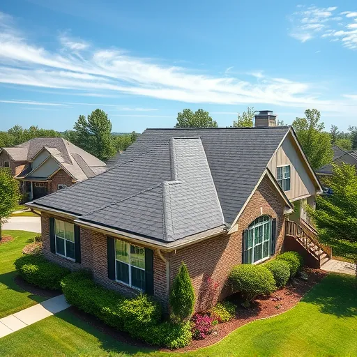 Freshly installed asphalt shingle roof on a suburban home in Inverness AL, surrounded by lush lawns and clear blue sky.
