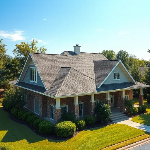 Freshly installed asphalt shingle roof on modern Alabama home with lush landscaping and clear blue sky.