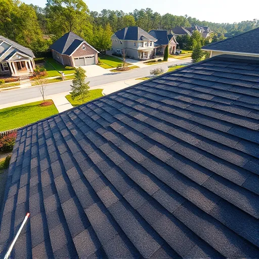 Close-up of a completed asphalt shingle roof in Moody Alabama showing precise alignment, textured shingles, and a serene suburban background