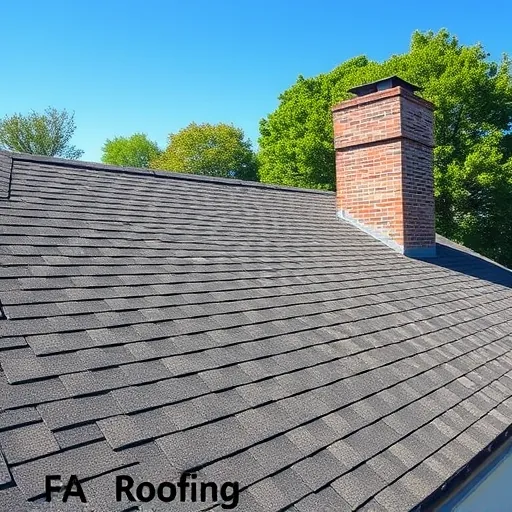 Completed roofing project in Morris AL showcasing aligned shingles, chimney flashing, and lush green surroundings.