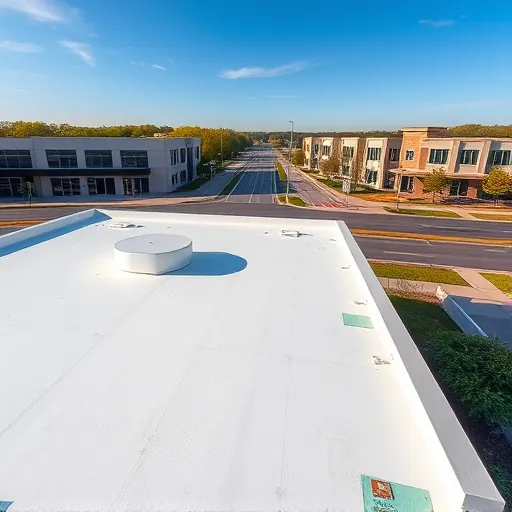 Newly replaced flat roof on modern commercial building in Trussville Alabama with lush landscaping and clear sky