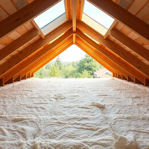 Finished roof insulation with neatly layered materials inside an attic with wooden trusses and natural light.