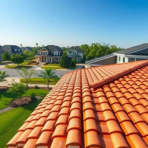 Close-up of a flawless terracotta tile roof on a modern home in Trussville Alabama with lush neighborhood in background