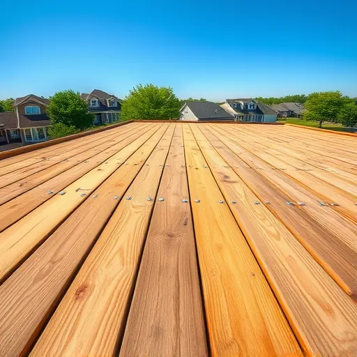 Close-up of freshly replaced roof decking with wooden planks, textured grain, in a suburban neighborhood under clear blue skies