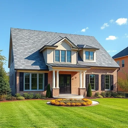 Completed roofing project in Chelsea AL featuring stylish home with slate roof, lush landscaping, and clear blue sky.