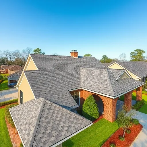 Freshly installed modern asphalt shingle roof in Bessemer Alabama with lush lawn, neighborhood background, under bright sunlight