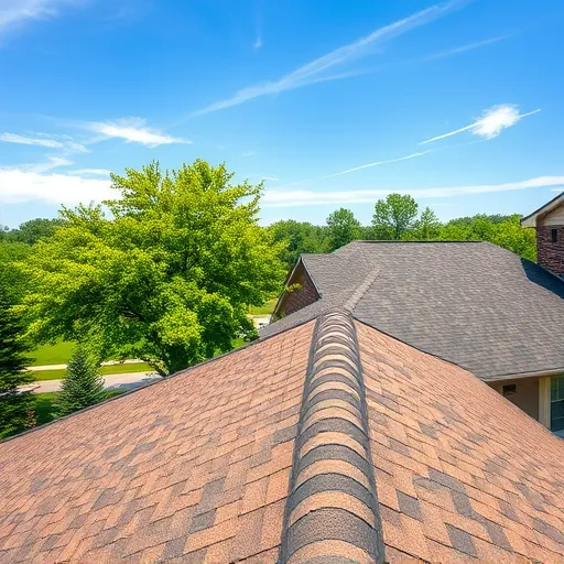Freshly installed residential asphalt roof in Alabaster Alabama with detailed shingles, perfect ridge cap, lush surroundings, and clear sky
