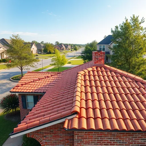 Freshly replaced terracotta tile roof on a charming Trussville Alabama house with lush landscaping and a clear blue sky
