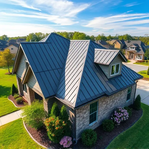 Newly installed metal roof in Forestdale AL on modern home surrounded by lush lawns and blue sky showcasing quality craftsmanship.