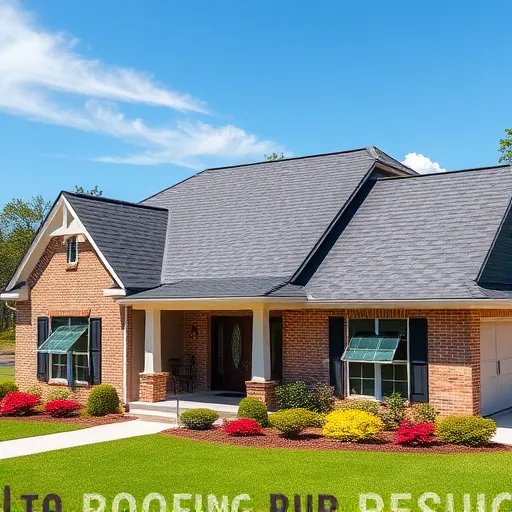 Completed roofing installation in Fultondale AL with dark asphalt shingles and vibrant flower beds under a clear blue sky.