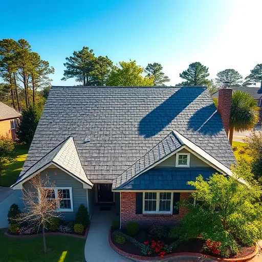 Top-down view of a completed roof in Kimberly AL showcasing aligned shingles in a sunny suburban setting.