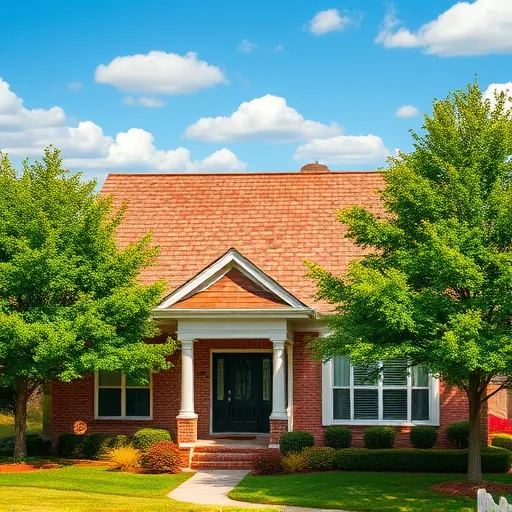 Completed traditional shingle roof in Clay AL surrounded by lush greenery under a bright blue sky with clouds.