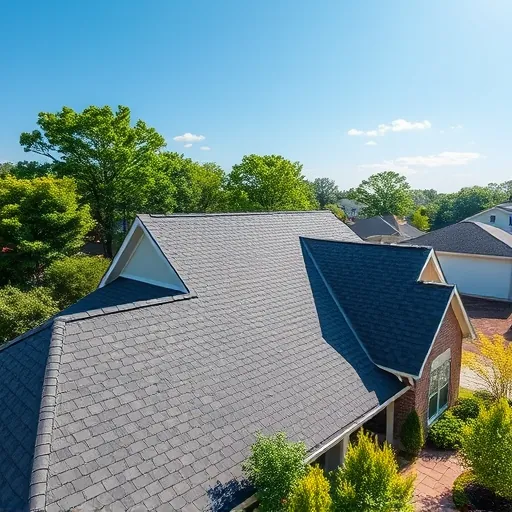 Close-up of a new weather-resistant asphalt shingle roof with flashing on a neat suburban home in Trussville Alabama, lush trees and clear sky